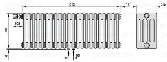 Схема (чертеж) Радиатор Zehnder Charleston 6050/22 №V007 Белый глянцевый RAL 9016